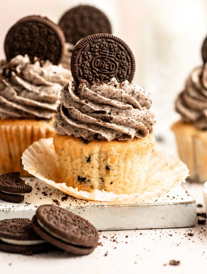 Close up shot of Oreo cupcakes with oreo frosting.