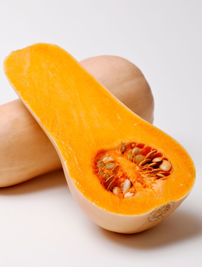 Butternut squash cut in half.