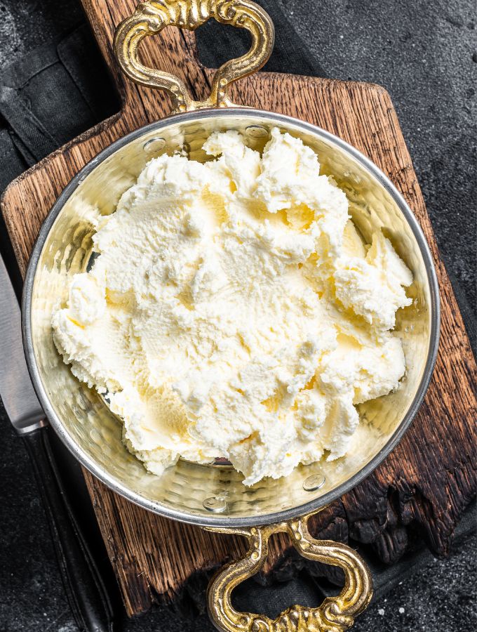 Top of a bowl with clotted cream.