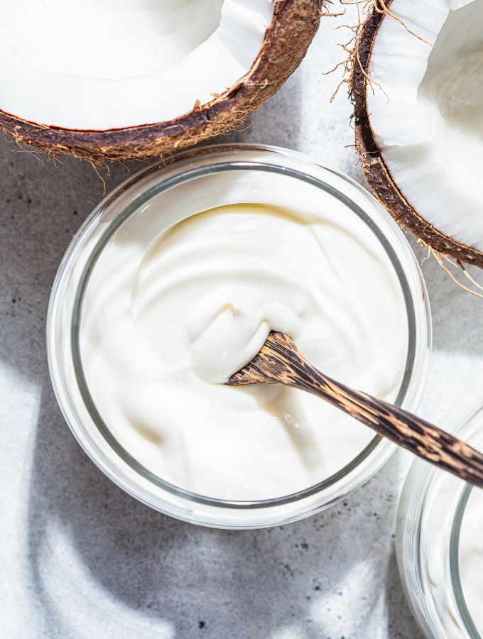 Top of a bowl with coconut cream.