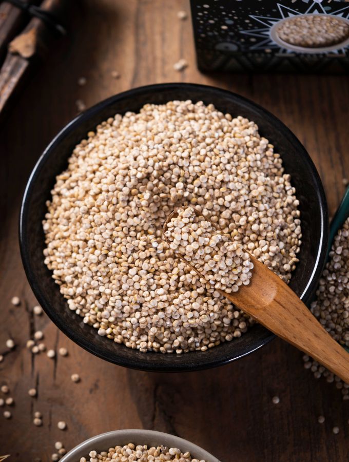 Top of a bowl with quinoa.