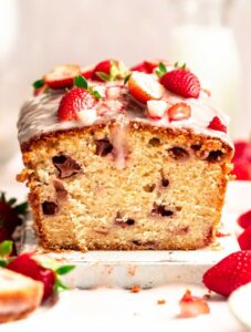 Strawberry pound cake sliced open.