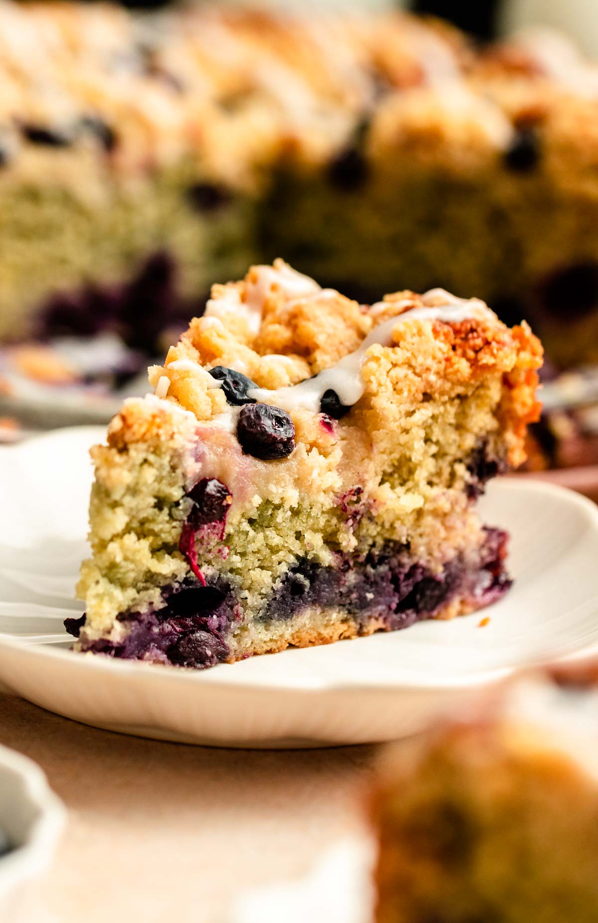 Close up shot of a slice of lemon blueberry coffee cake.