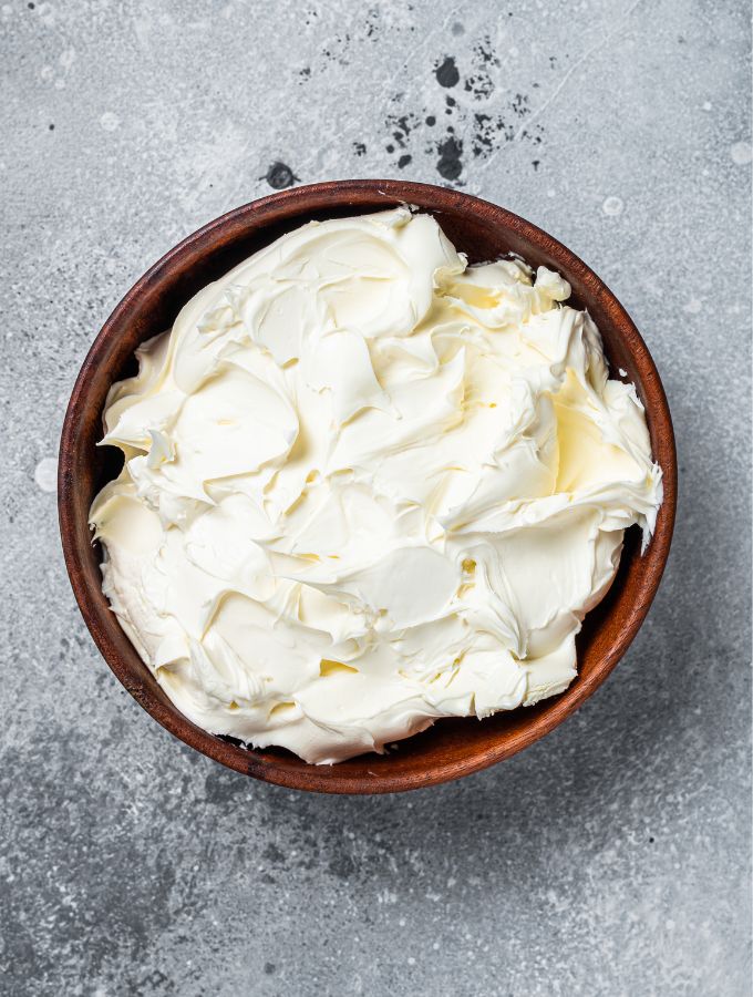 Top of a bowl with mascarpone cheese.