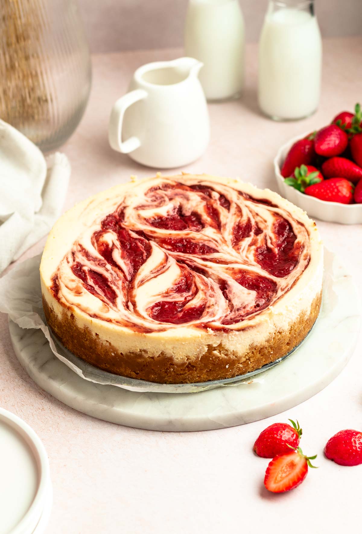 Strawberry swirl cheesecake without toppings.