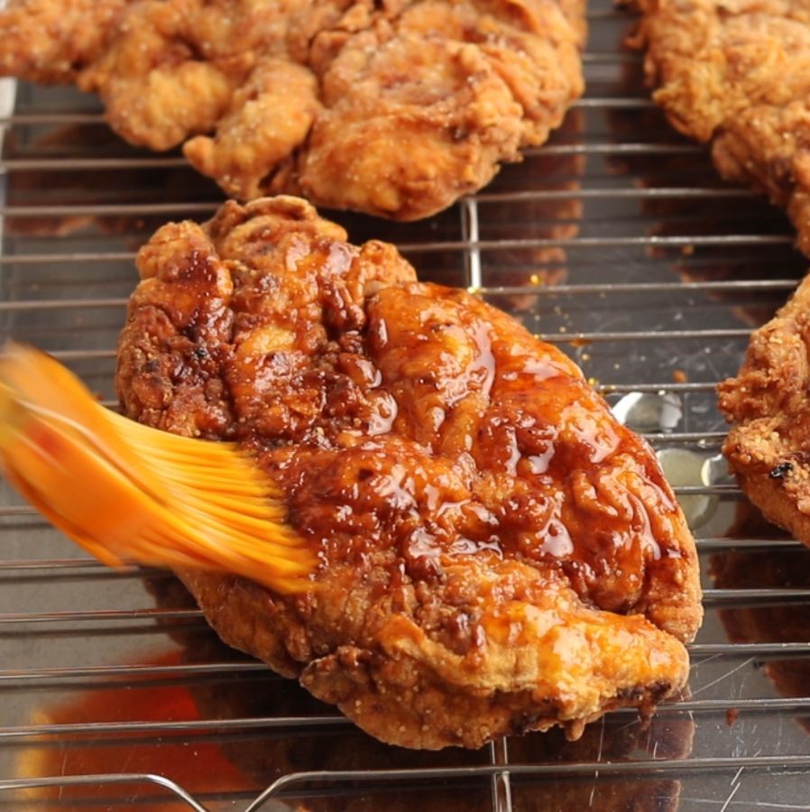 Nashville hot chicken sandwich process shots.