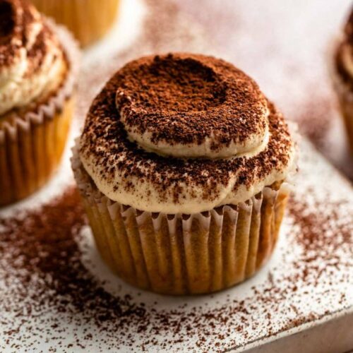 Close up shot of tiramisu cupcakes.