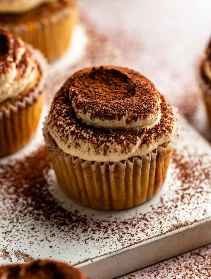 Close up shot of tiramisu cupcakes.