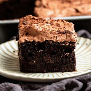 A slice of chocolate tres leches cake on a small plate.
