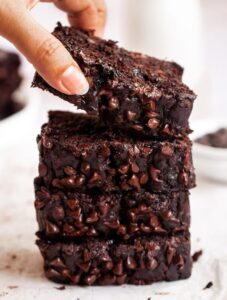 Hand holding a slice of double chocolate banana bread.