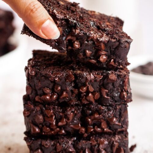 Hand holding a slice of double chocolate banana bread.