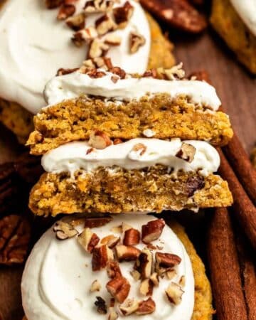 Carrot cake cookies cut in half.