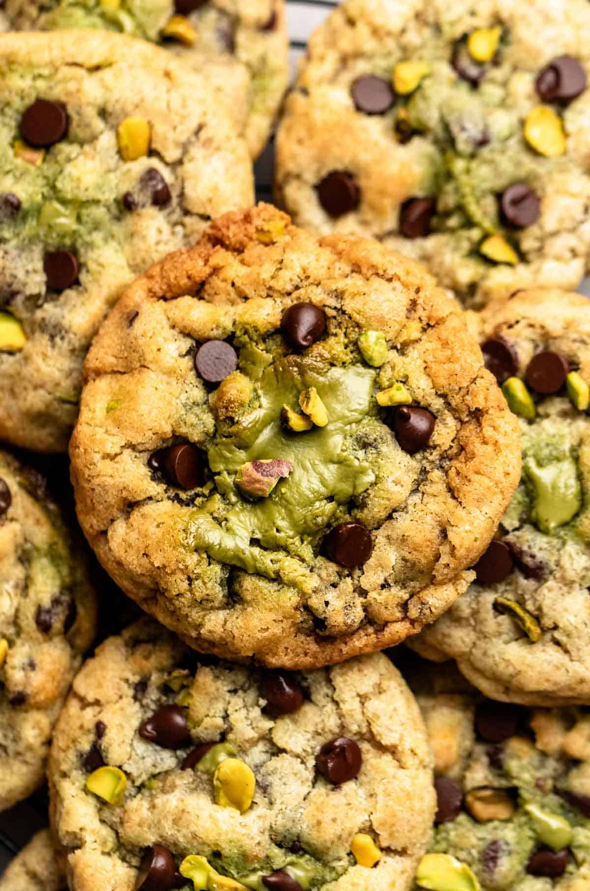 Top of a pile of pistachio cookies.