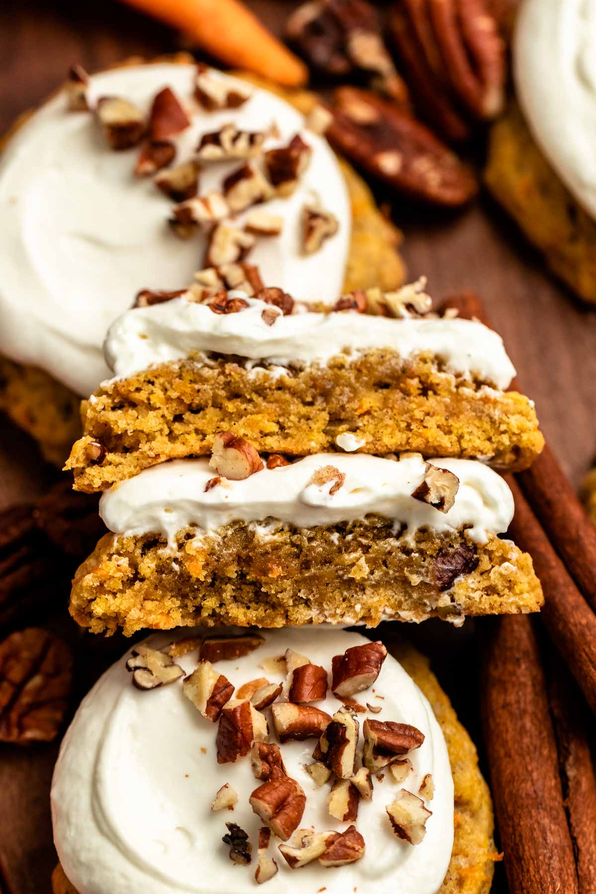 Carrot cake cookie cut in half.