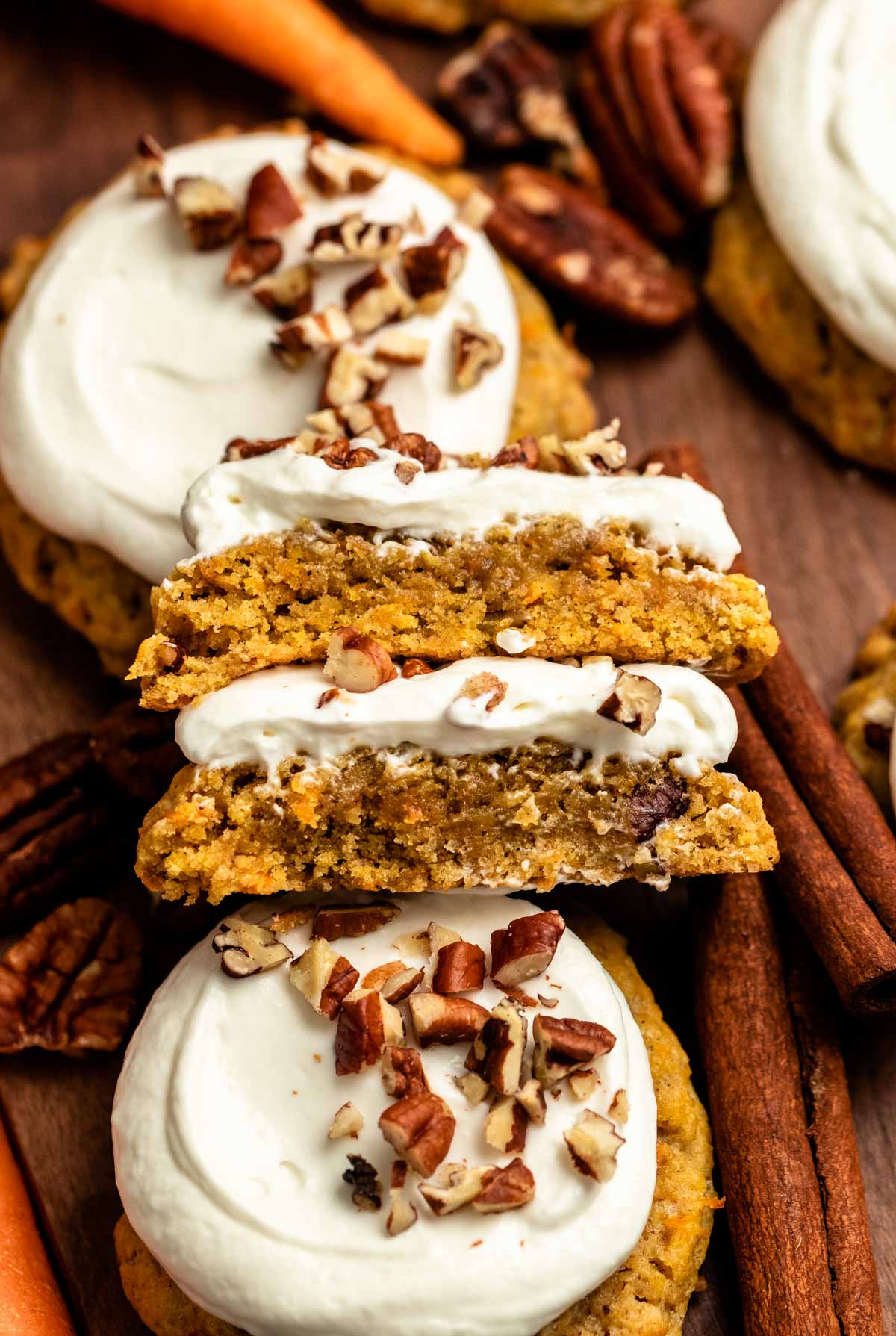 Carrot cake cookies cut in half.
