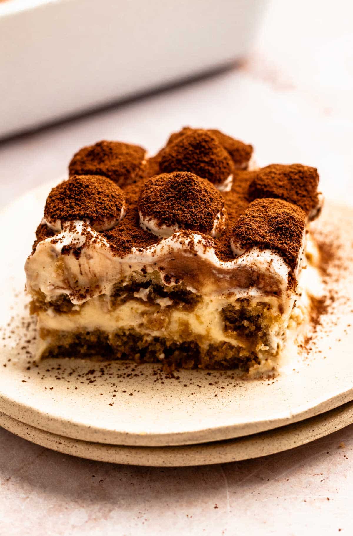 Slice of Italian tiramisu with cocoa powder on top.