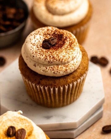 Coffee cupcakes with espresso whipped cream on top.