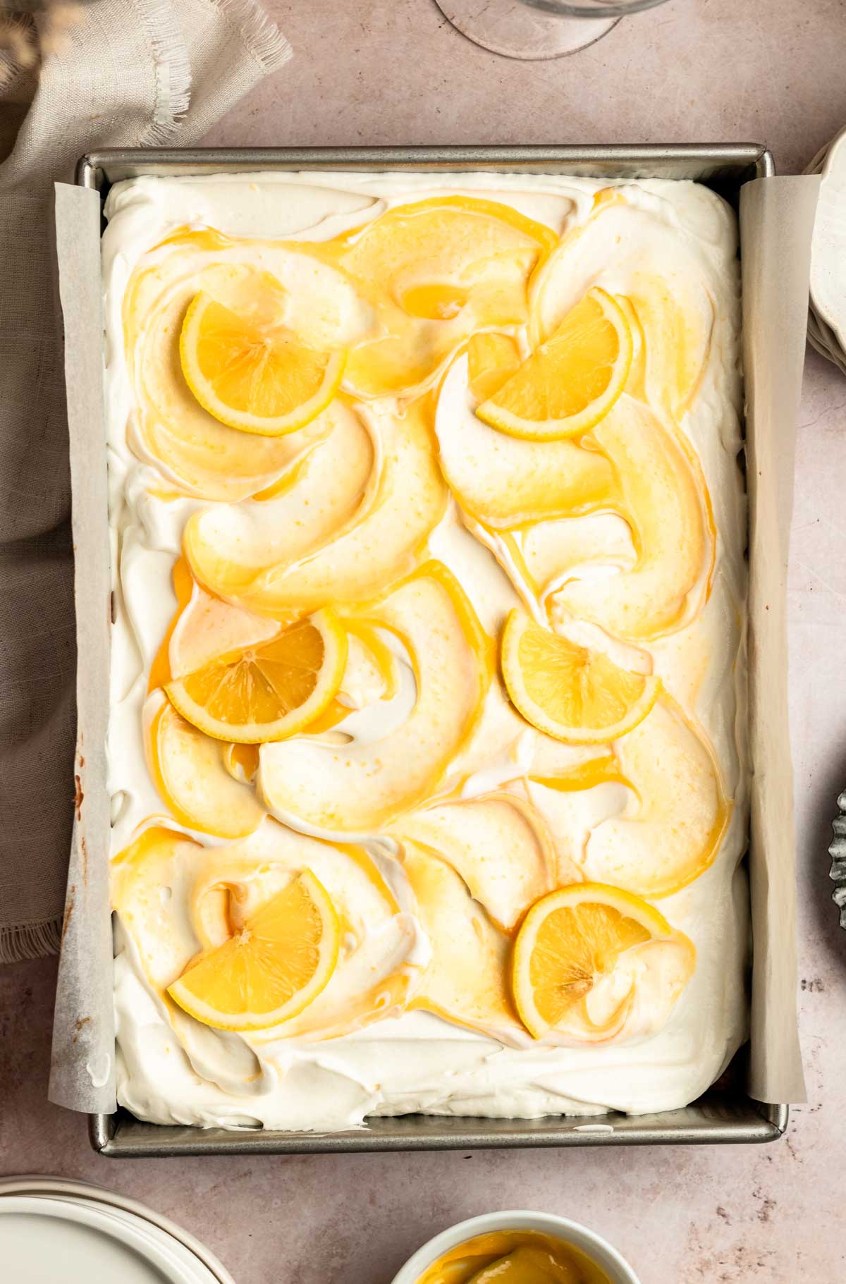 Top of lemon sheet cake in a pan.