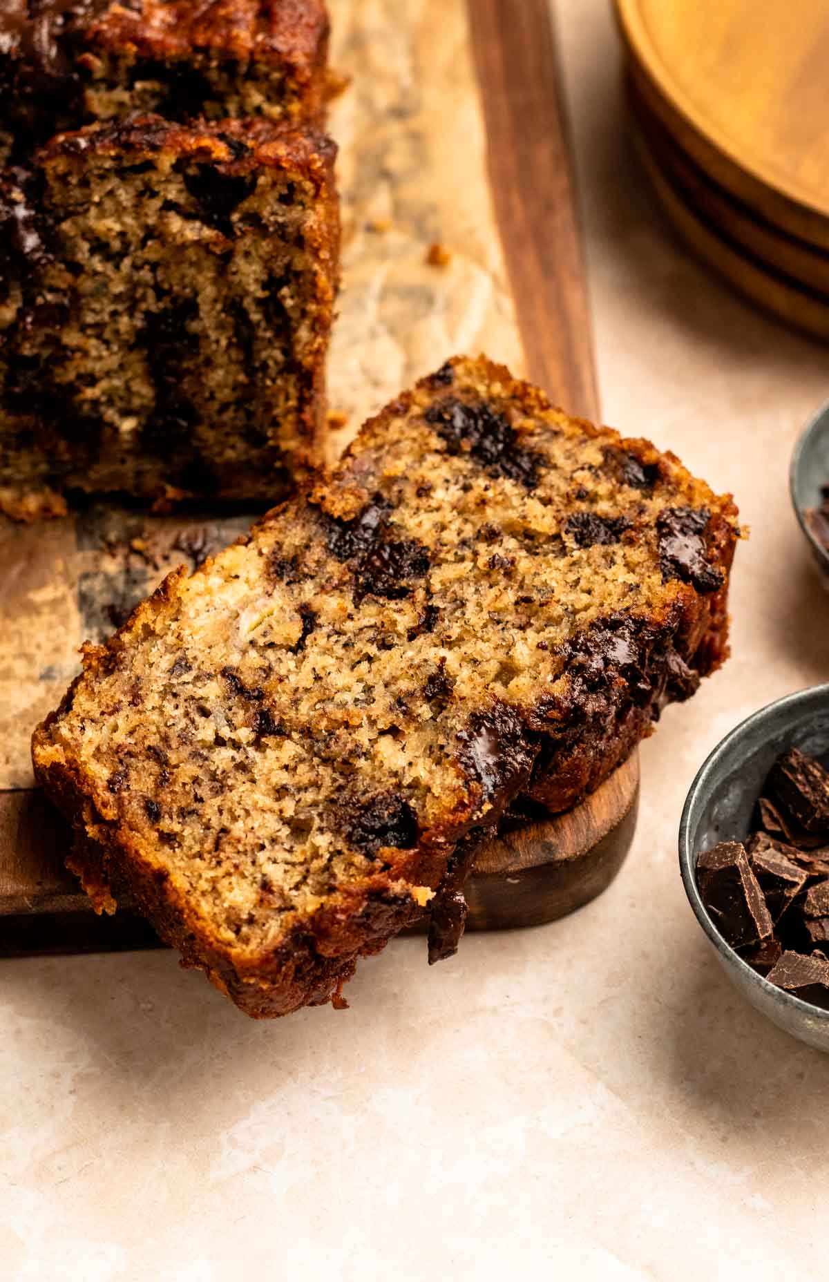 Slice of chocolate chunk banana bread.
