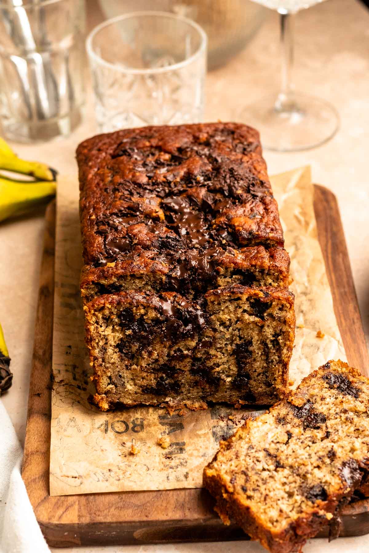 Sliced chocolate chunk banana bread.