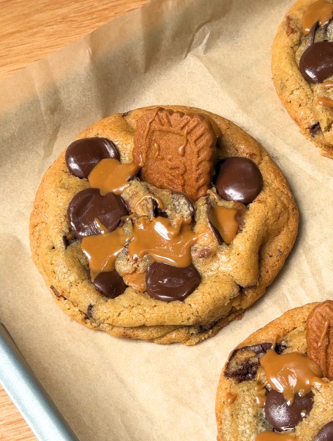 Biscoff butter cookies on a brown parchment paper.