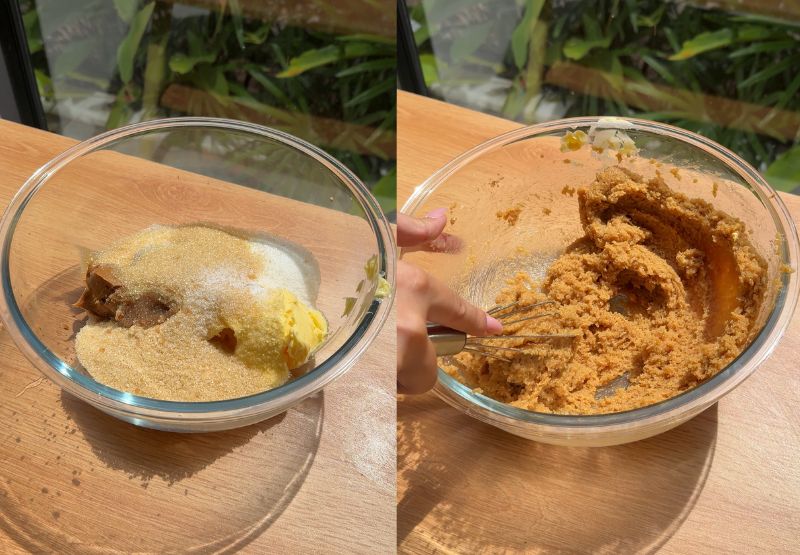 Whisking together sugars, butter, and smooth Biscoff cookie butter in a large glass bowl until completely smooth.