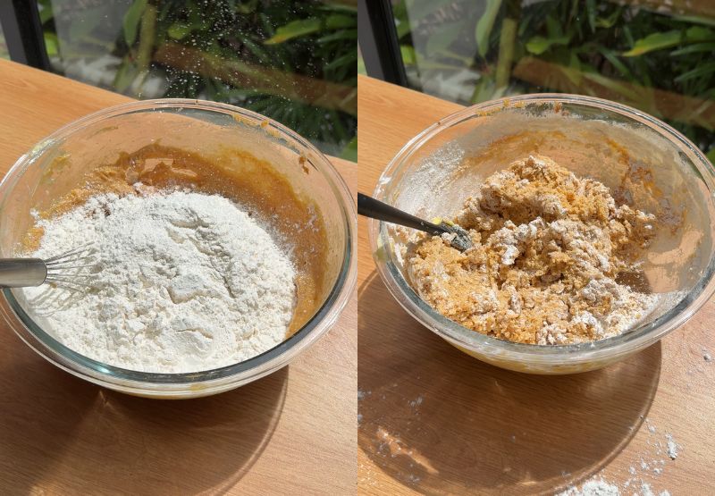Mixing flour and baking soda on low speed into the wet ingredients to form a thick cookie dough.