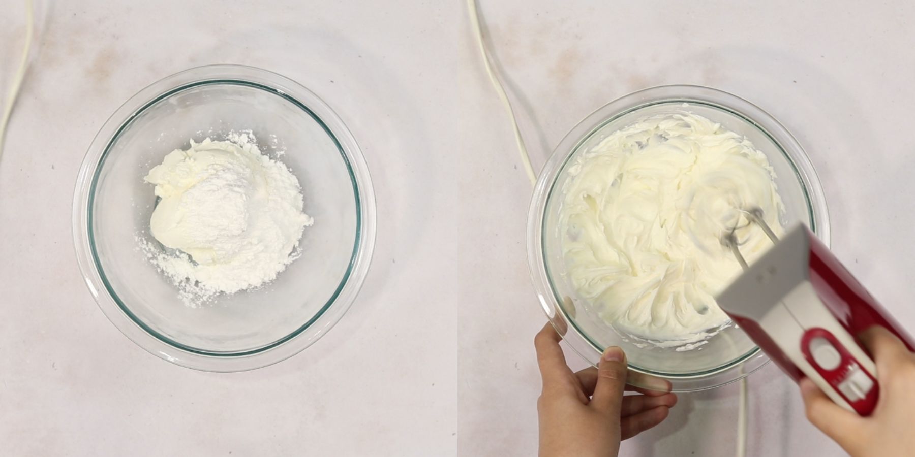 An overhead view of full-fat cream cheese, powdered sugar, and vanilla extract being beaten together in a glass mixing bowl with an electric hand mixer until smooth and creamy
