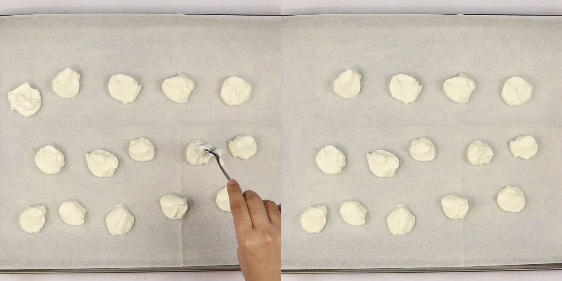 Equal-sized dollops of cream cheese filling spaced out on a baking sheet lined with parchment paper, ready to be placed in the freezer.