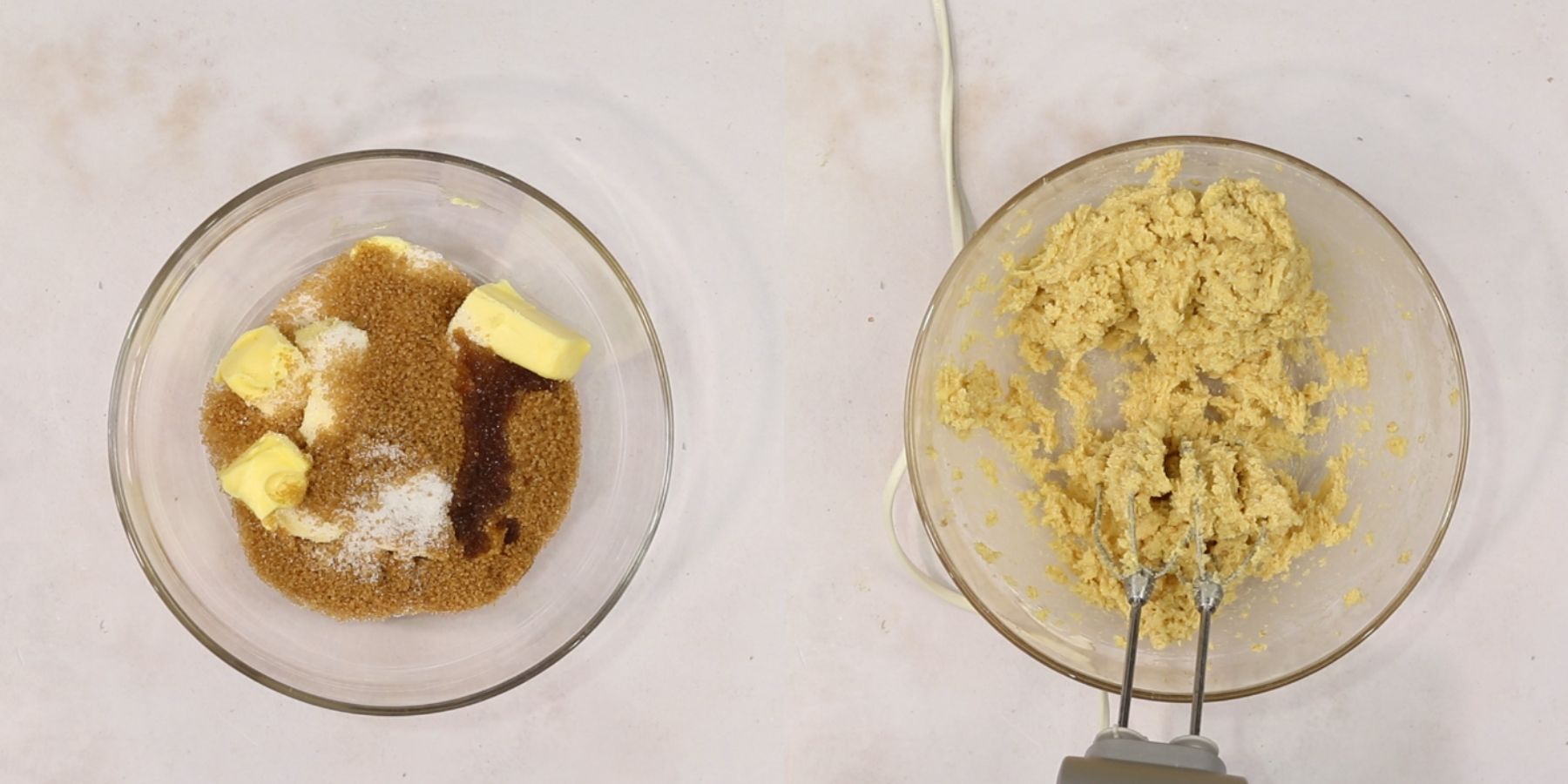 An electric mixer creaming softened room temperature butter, brown sugar, and white granulated sugar together in a large bowl until smooth and fluffy.