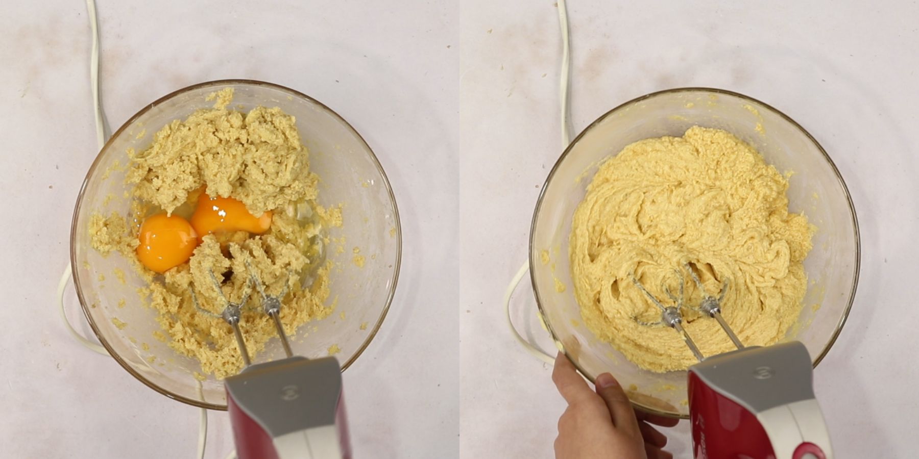 Whisking a whole egg, an extra egg yolk into the creamed butter and sugar mixture.
