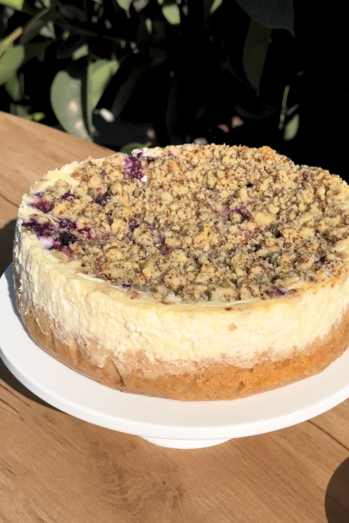 Blueberry crumble cheesecake on a cake stand.