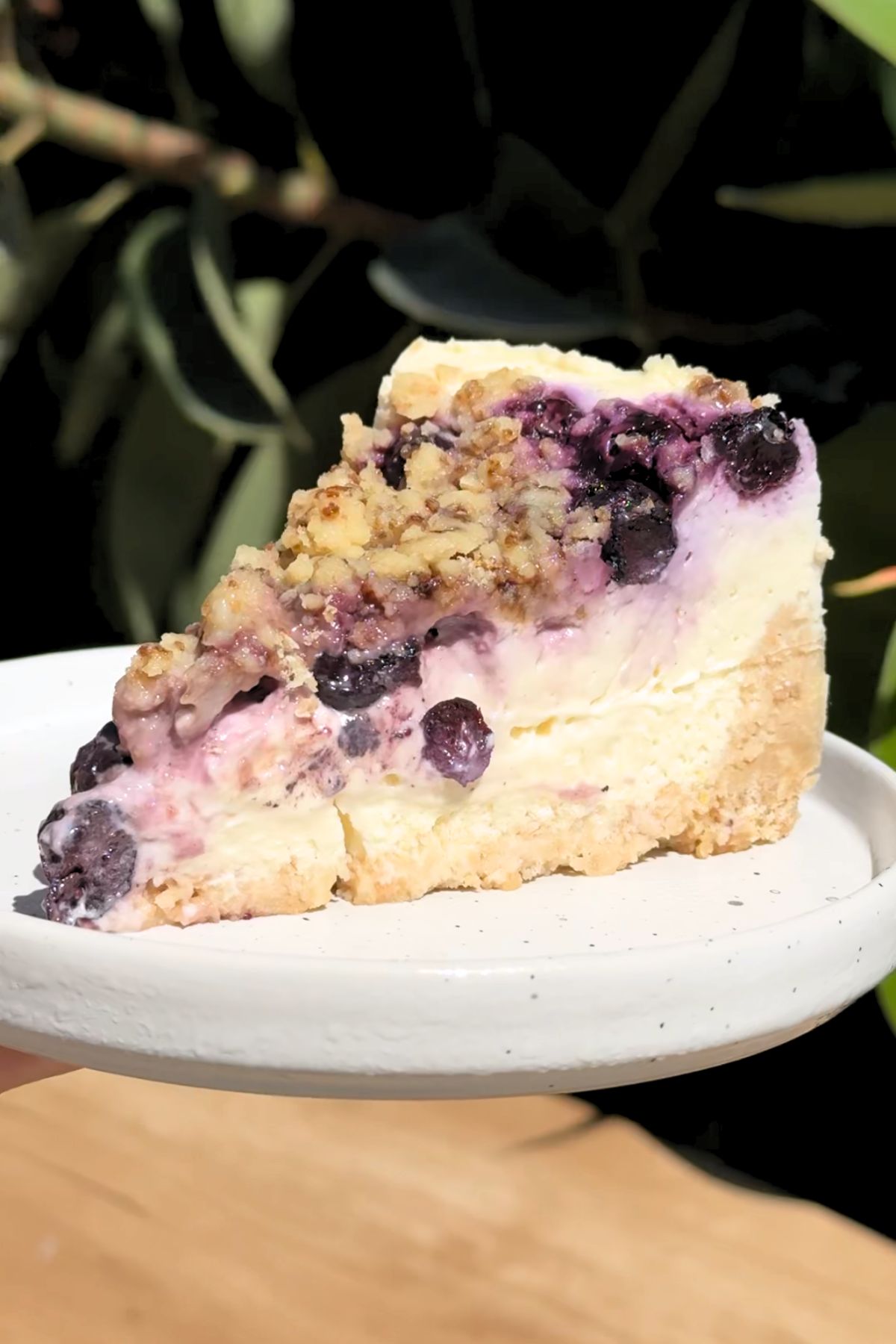 Slice of blueberry crumble cheesecake on a plate.