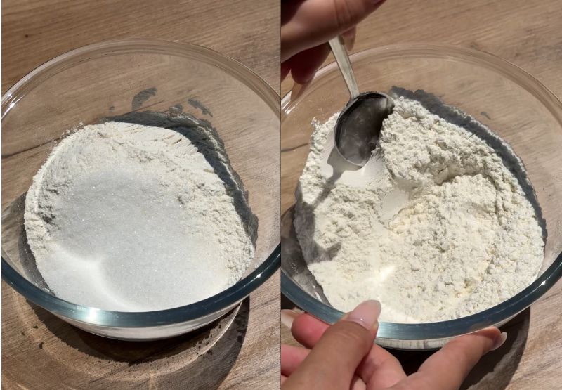 Whisking together flour, granulated sugar, and salt in a glass mixing bowl for the shortbread crust.