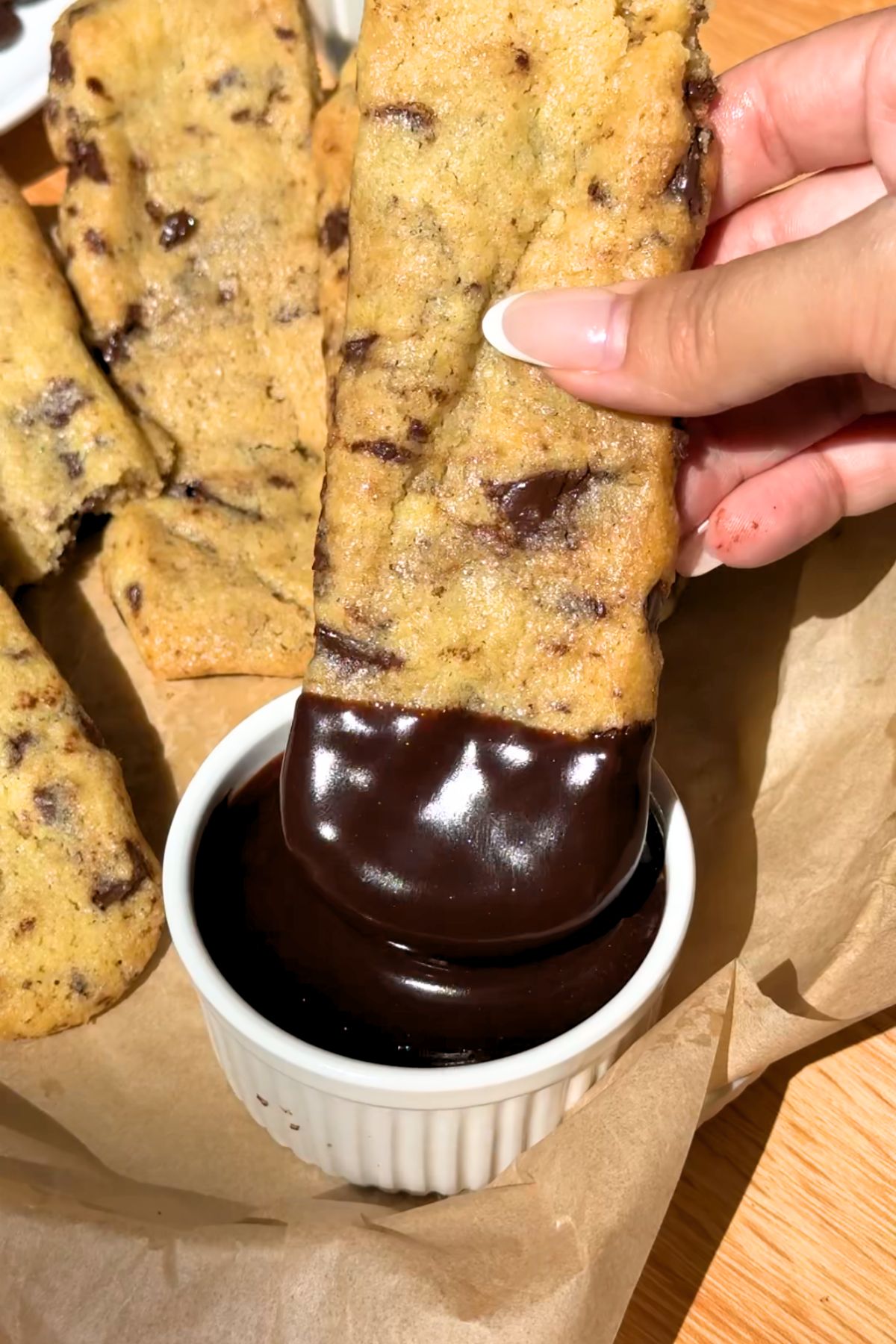 Chocolate chip cookie fry dipped in chocolate.
