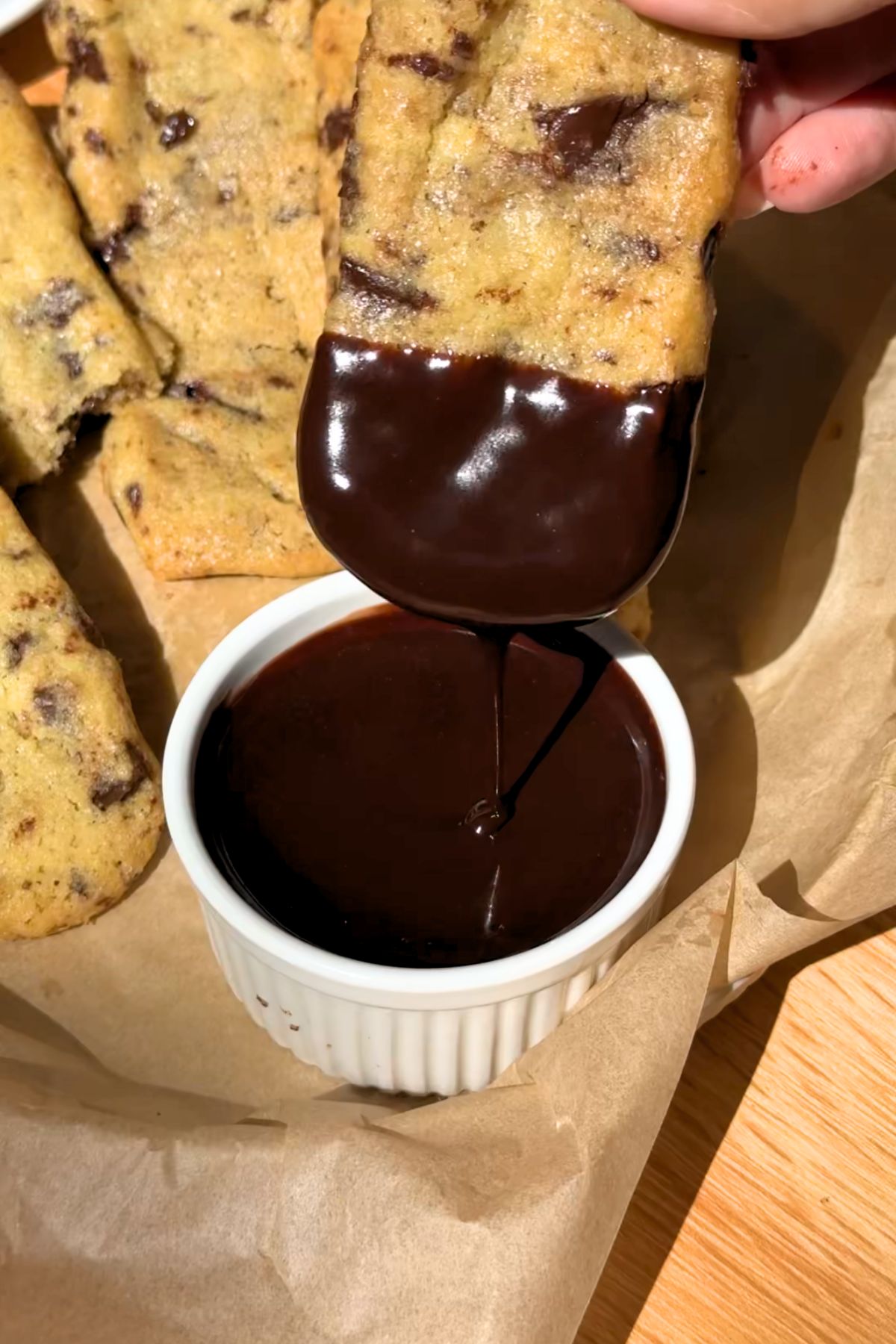 Chocolate chip cookie fries dipped in chocolate sauce.