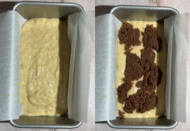 Banana bread batter poured into a parchment-lined loaf pan, topped with a layer of brown sugar cinnamon mixture.