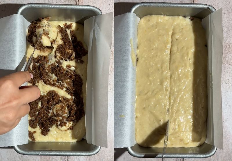 Using a knife to swirl the brown sugar cinnamon mixture into the banana bread batter inside the loaf pan.