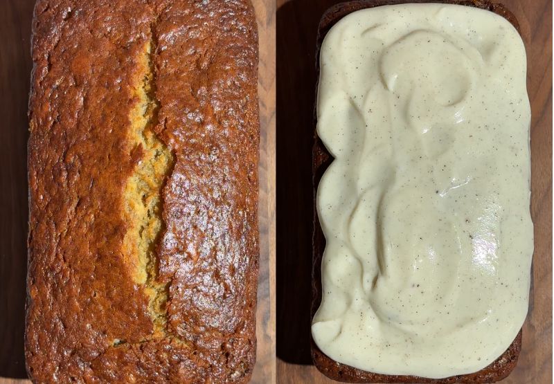Freshly baked golden-brown cinnamon roll banana bread loaf, shown both plain and topped with a rich cream cheese frosting.