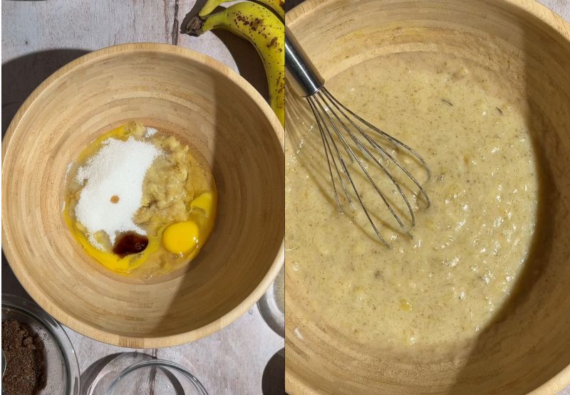 Mashed bananas, eggs, and sugar in a wooden bowl, alongside the fully whisked wet banana bread batter.