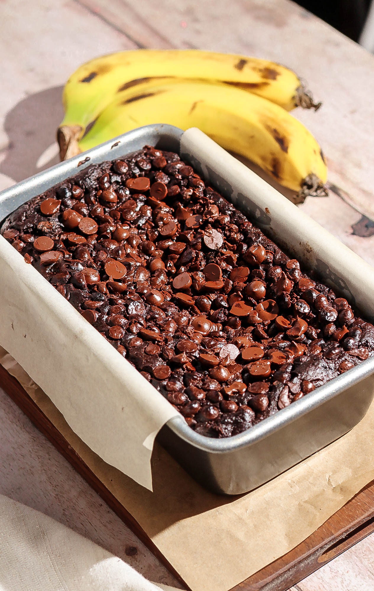 Double chocolate banana bread in a pan.