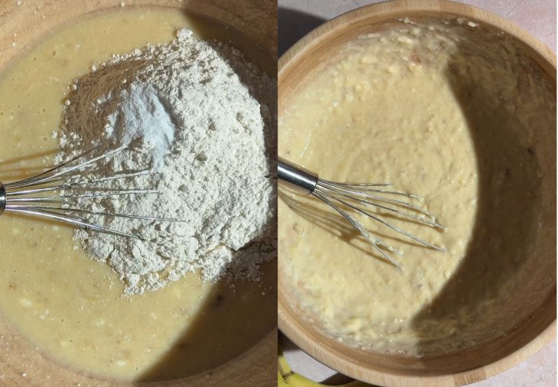 Side-by-side process shot showing flour, baking powder, and soda added to the wet mixture on the left, and whisked into a uniform cake batter on the right.