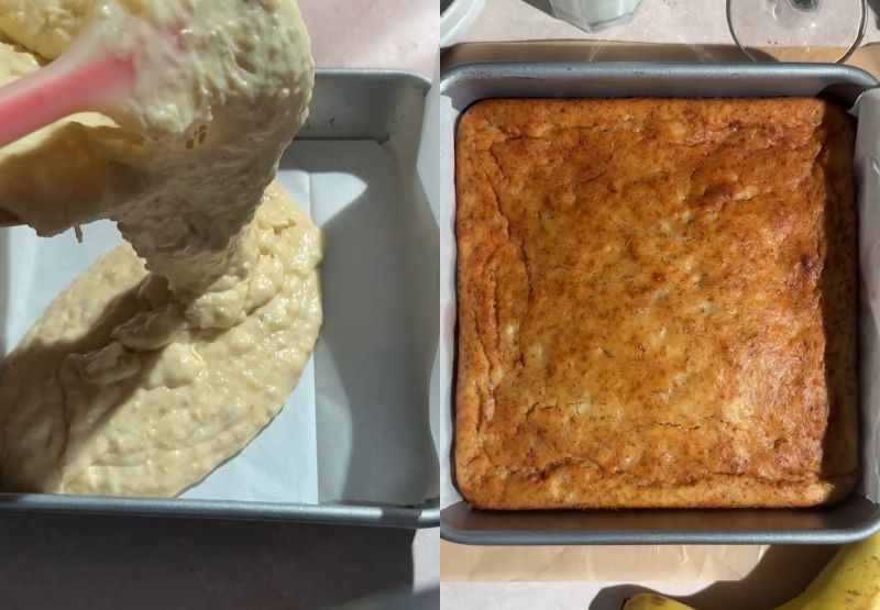 Side-by-side process shot showing batter poured into a parchment-lined square baking pan on the left, and the golden, fully baked banana cake in the pan on the right.