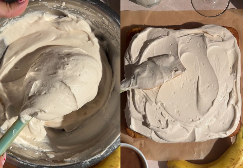 Side-by-side process shot showing whipped cream whipped in a bowl on the left, and spread evenly over the cooled square banana cake with a spatula on the right.