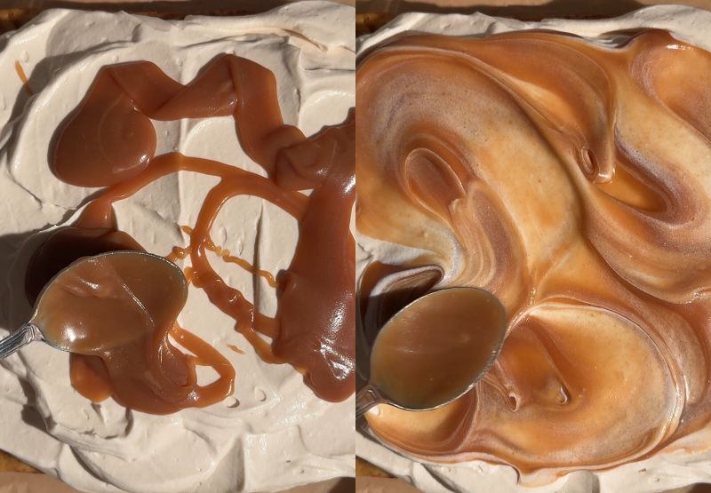 Side-by-side process shot showing caramel sauce spooned over the whipped cream topping on the left, and gently swirled together into a pattern using the back of a spoon on the right.