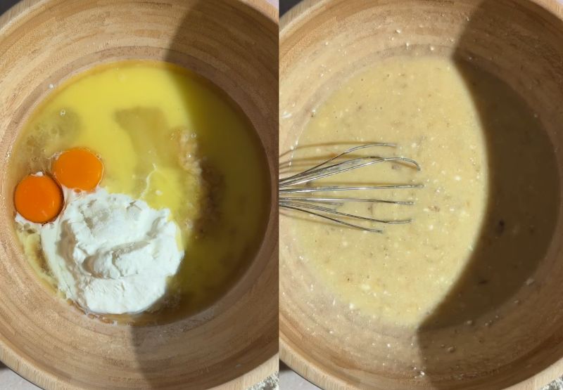 Side-by-side process shot showing wet ingredients—including eggs, melted butter, sour cream, and mashed bananas—in a wooden bowl on the left, and whisked together into a smooth batter on the right.