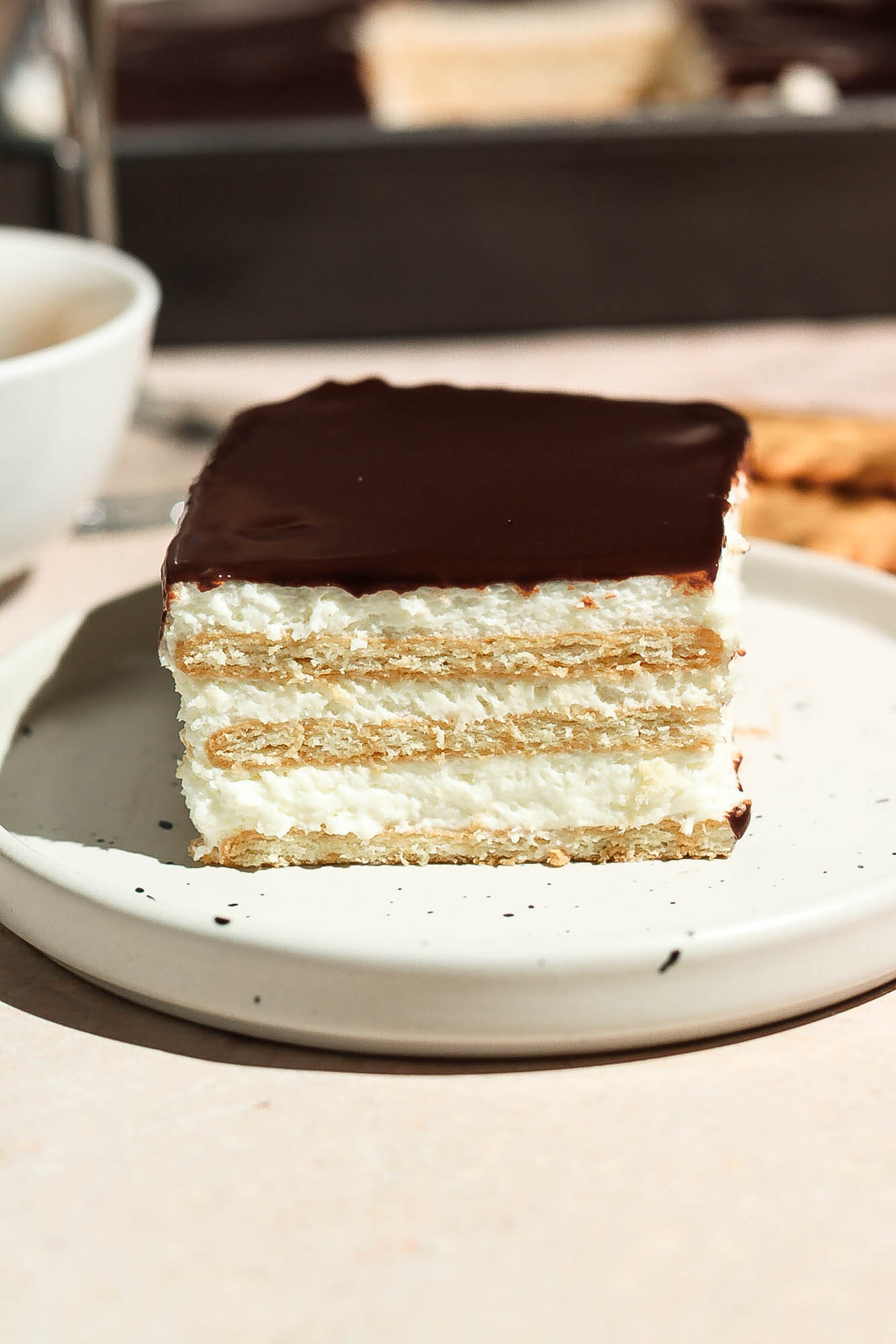 Close-up front view of a chocolate eclair cake slice on a white plate, highlighting its distinct layered structure.