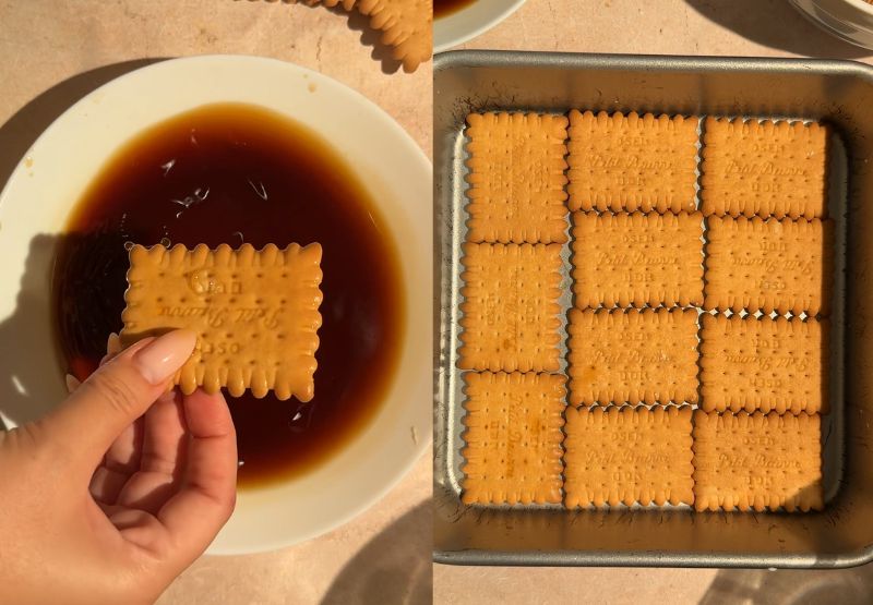 Step-by-step photos showing a biscuit being dipped into coffee and arranged in an even layer inside a baking pan.
