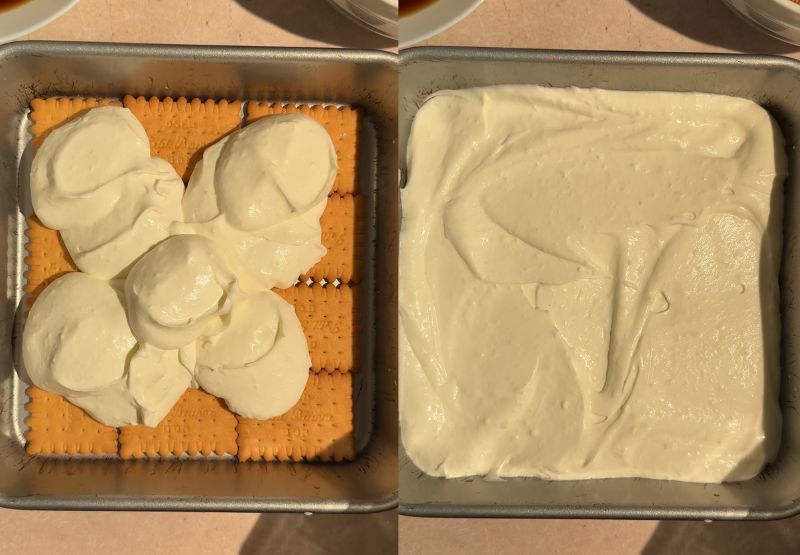Step-by-step photos showing creamy filling being dolloped over the biscuit layer and smoothed out into an even tier.