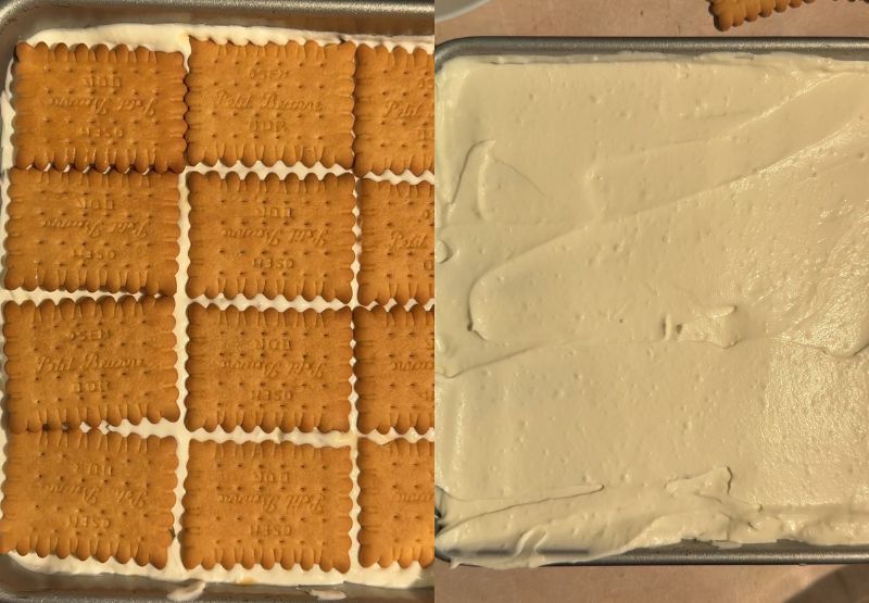 Step-by-step photos showing a subsequent layer of biscuits placed over the cream and covered with another layer of filling.